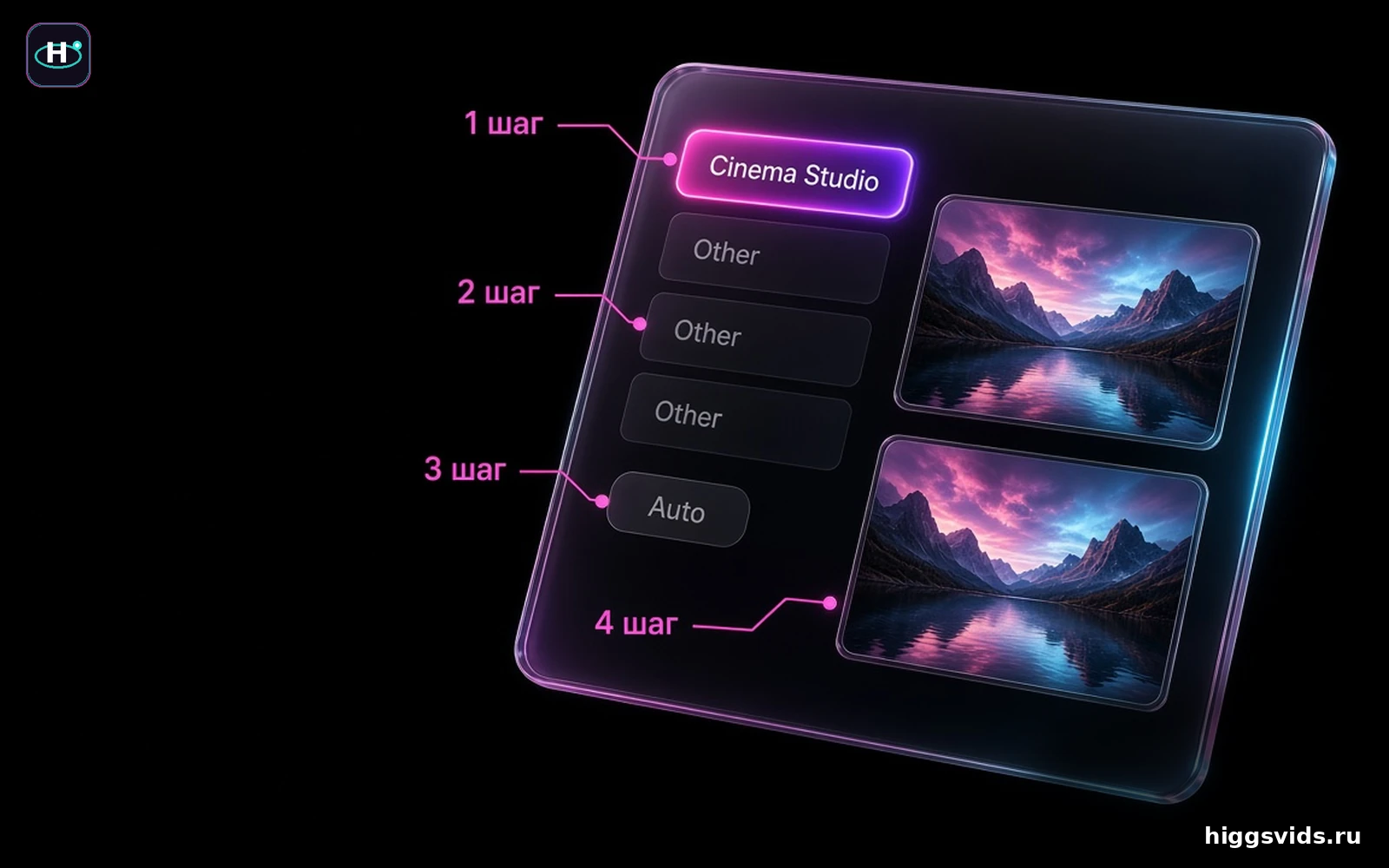 Схема HiggsVids: модель Cinema Studio 4.0 внизу панели не переключают в первый день